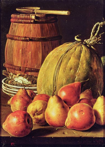 Stillleben mit Birnen, Melone und Fass zum Marinieren von Luis Egidio Melendez
